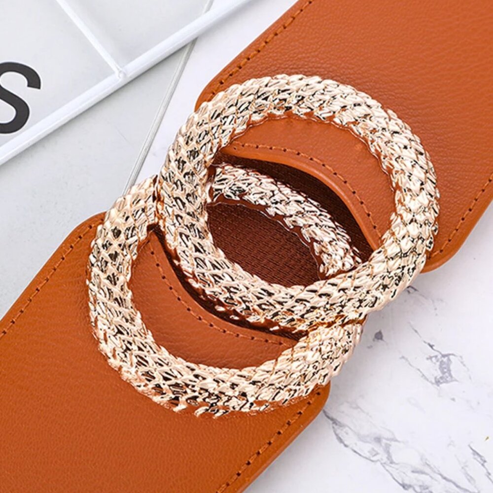 Women Brown Elastic waist Band Metal Double Circle Belt